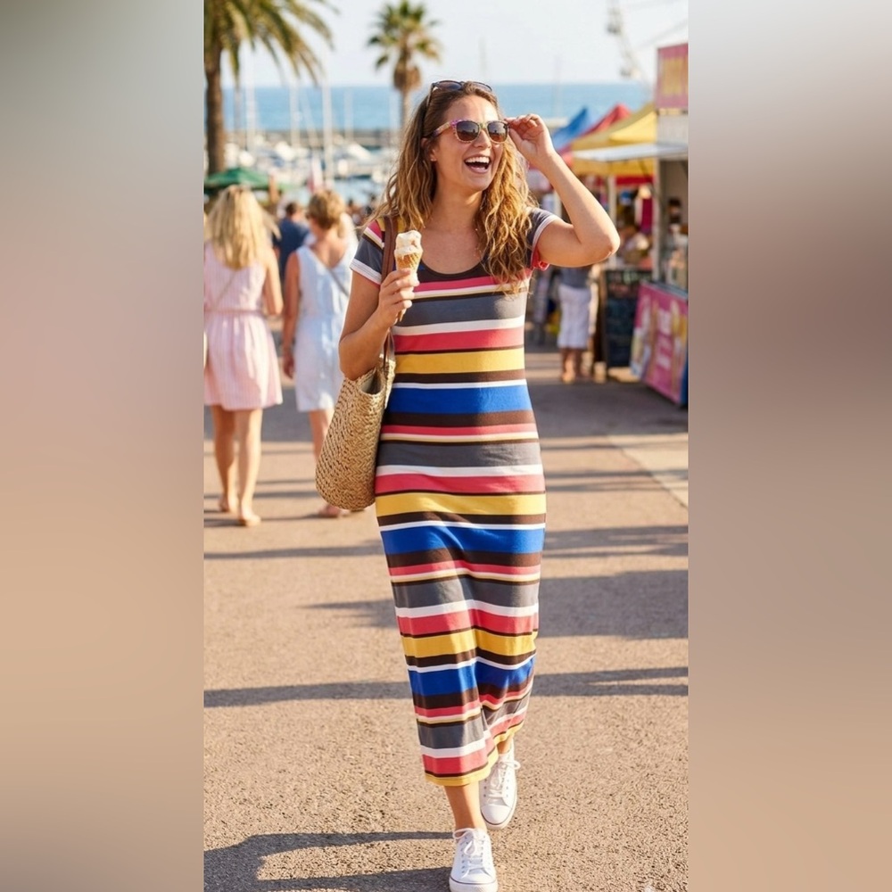 Sauci Striped Cotton Jersey Maxi Dress Casual Vacation Resortwear Lightweight